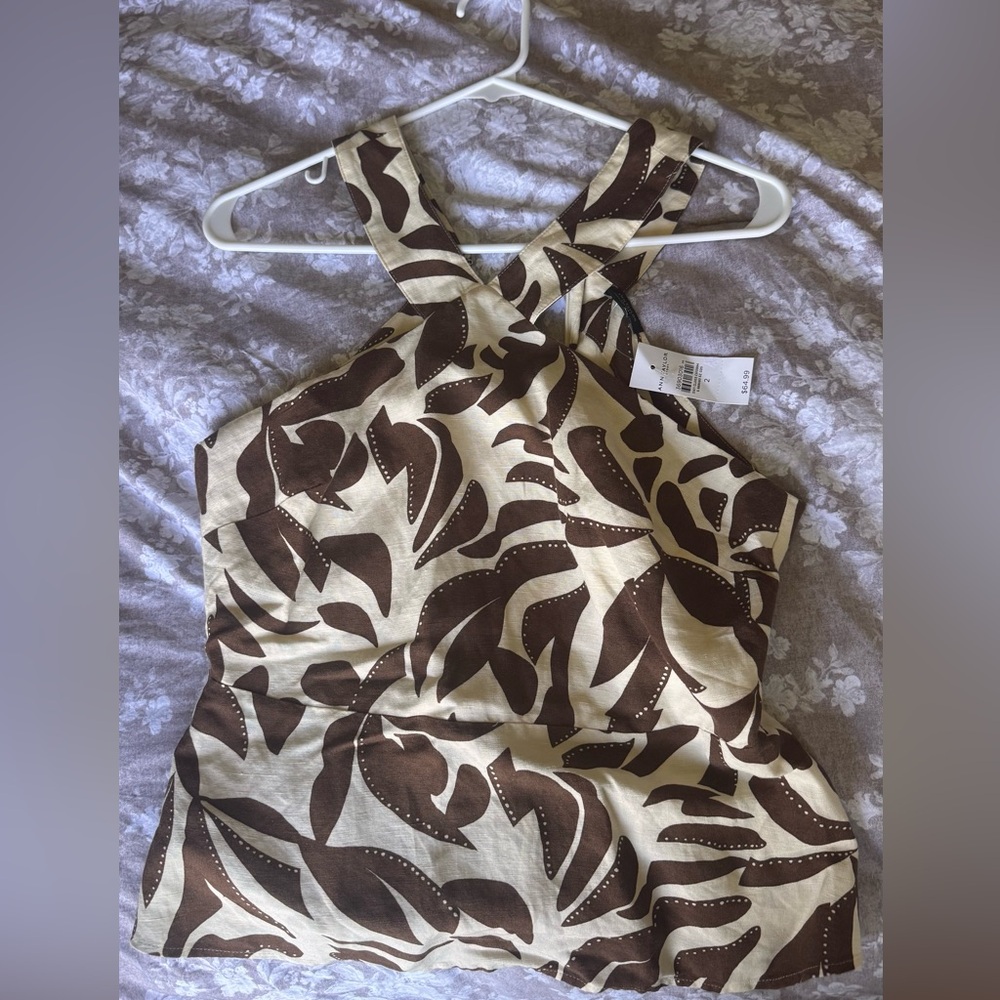 Ann Taylor Cream and Brown Leaf-Print Sleeveless Top
